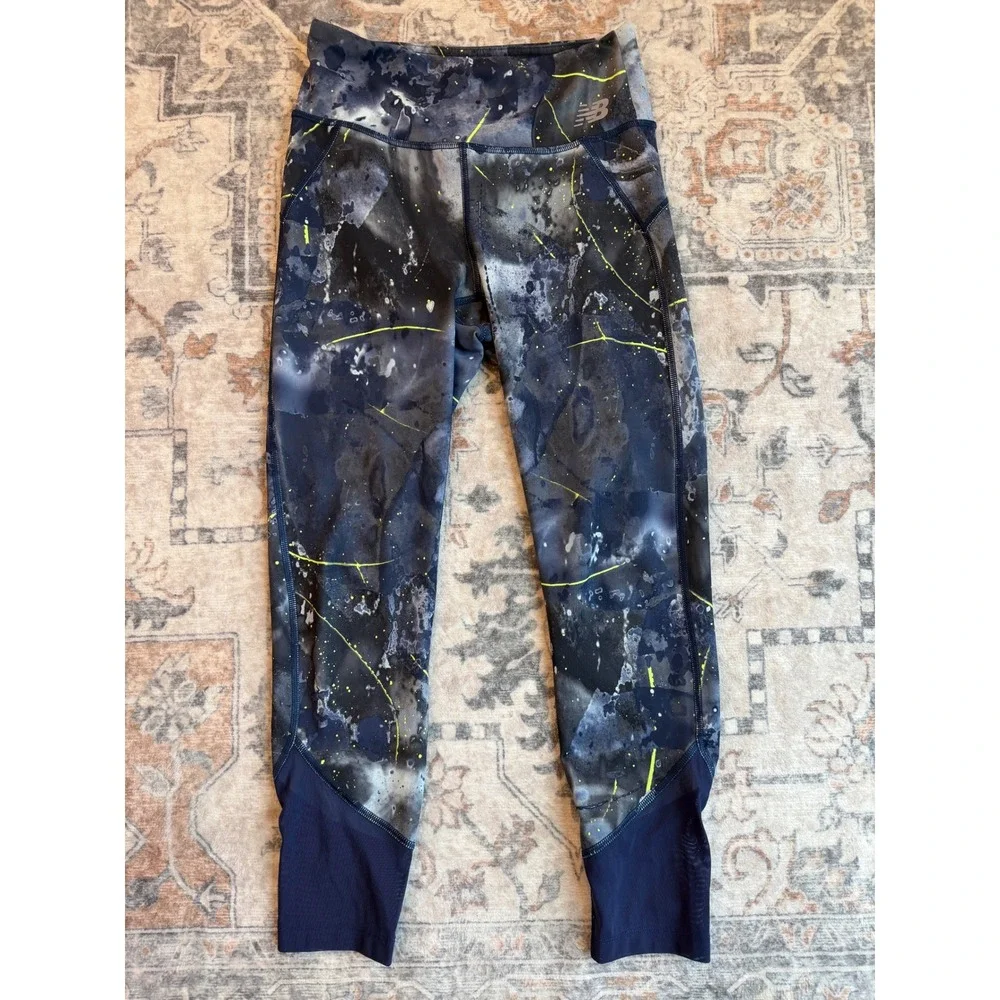 New Balance Womens Navy Neon Yellow Splatter Print Mesh Accent Leggings Small